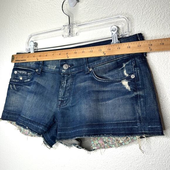 7 For All Mankind Dark Blue Distressed Low Rise Raw Hem Jean Shorts 29 - Picture 12 of 14